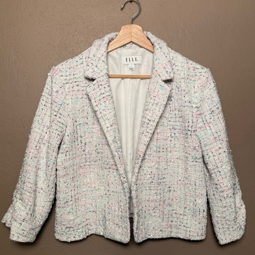 Elle Pastel Tweed Cropped Blazer Confetti Style Speckle Detail Womens Size Large